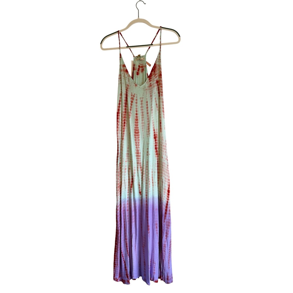Exist Tie Dye Maxi Dress Womens M Red Purple Green Rayon Boho Slits Resort Beach